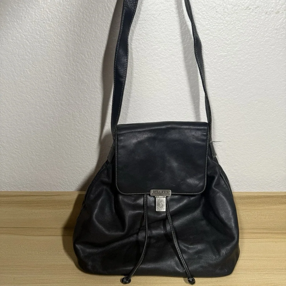 Ralph Lauren Leather Drawstring Bucket Shoulder Bag Hobo Black‎